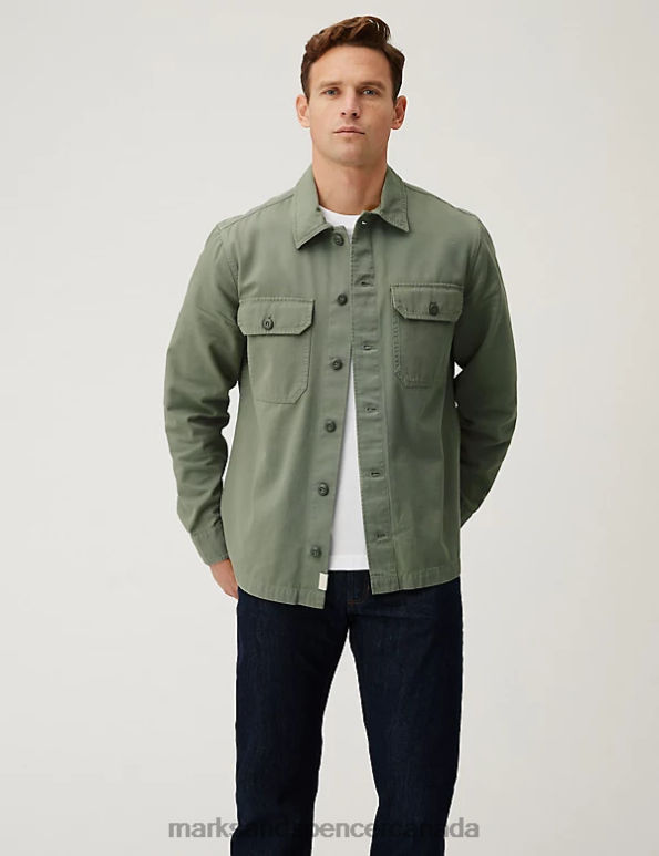 Men Green Clothing Marks & Spencer Pure Cotton Utility Overshirt 20VTD5566 - Marks and Spencer Canada locations