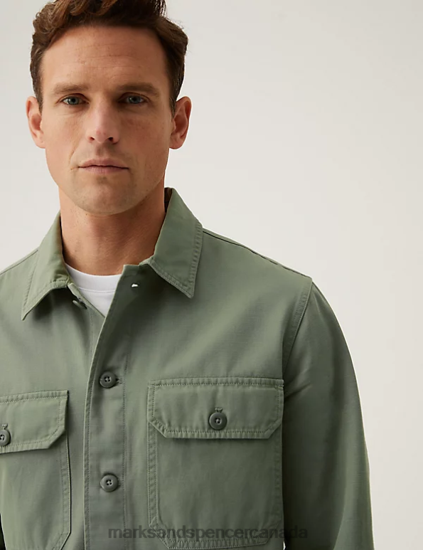 Men Green Clothing Marks & Spencer Pure Cotton Utility Overshirt 20VTD5566 - Marks and Spencer Canada locations