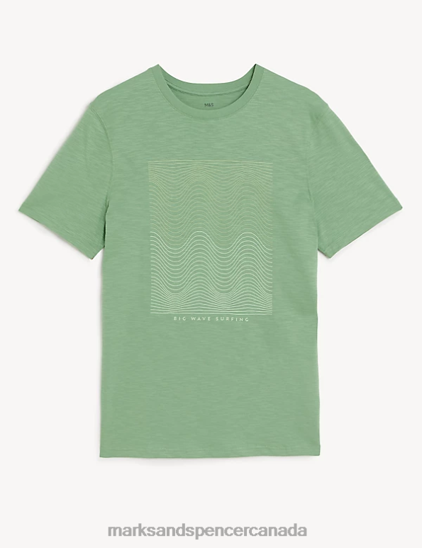 Men Green Clothing Marks & Spencer Pure Cotton Wave Graphic Crew Neck T-Shirt 20VTD5047 - Marks and Spencer online