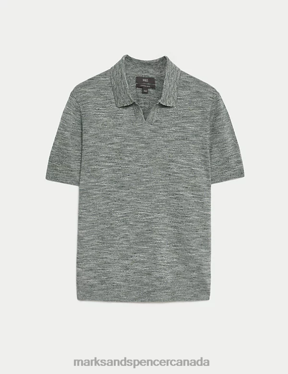 Marks and Spencer Canada - Men Green Mix Clothing Marks & Spencer Cotton Rich Open Neck Knitted Polo Shirt 20VTD5916
