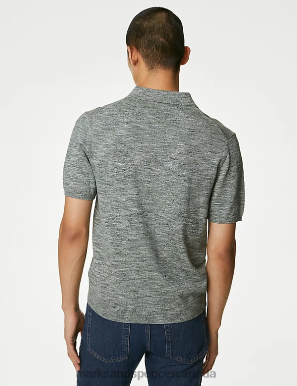 Marks and Spencer Canada - Men Green Mix Clothing Marks & Spencer Cotton Rich Open Neck Knitted Polo Shirt 20VTD5916