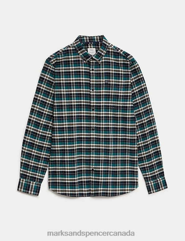 Marks and Spencer Canada - Men Green Mix Clothing Marks & Spencer Easy Iron Pure Cotton Check Oxford Shirt 20VTD5067