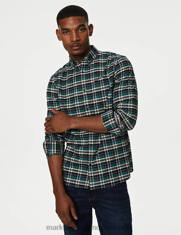 Marks and Spencer Canada - Men Green Mix Clothing Marks & Spencer Easy Iron Pure Cotton Check Oxford Shirt 20VTD5067