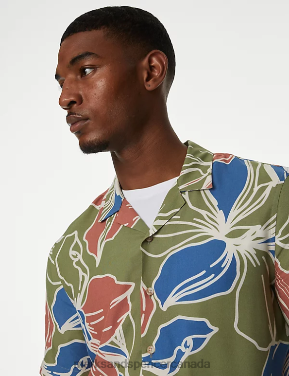Men Green Mix Clothing Marks & Spencer Hawaiian Cuban Collar Shirt 20VTD5374 - Marks and Spencer Canada locations