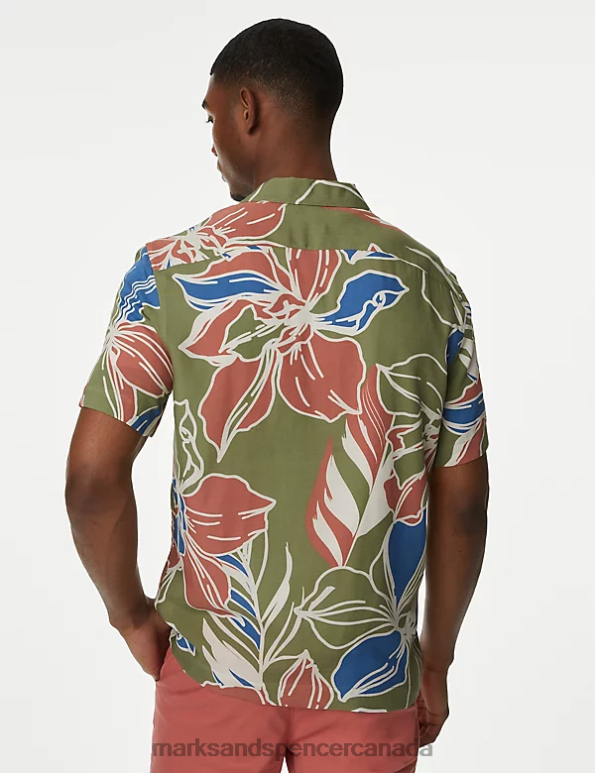 Men Green Mix Clothing Marks & Spencer Hawaiian Cuban Collar Shirt 20VTD5374 - Marks and Spencer Canada locations