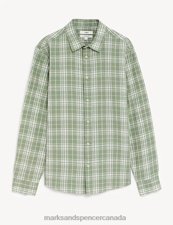 Men Green Mix Clothing Marks & Spencer Linen Blend Check Shirt 20VTD5320 - Marks and Spencer outlet