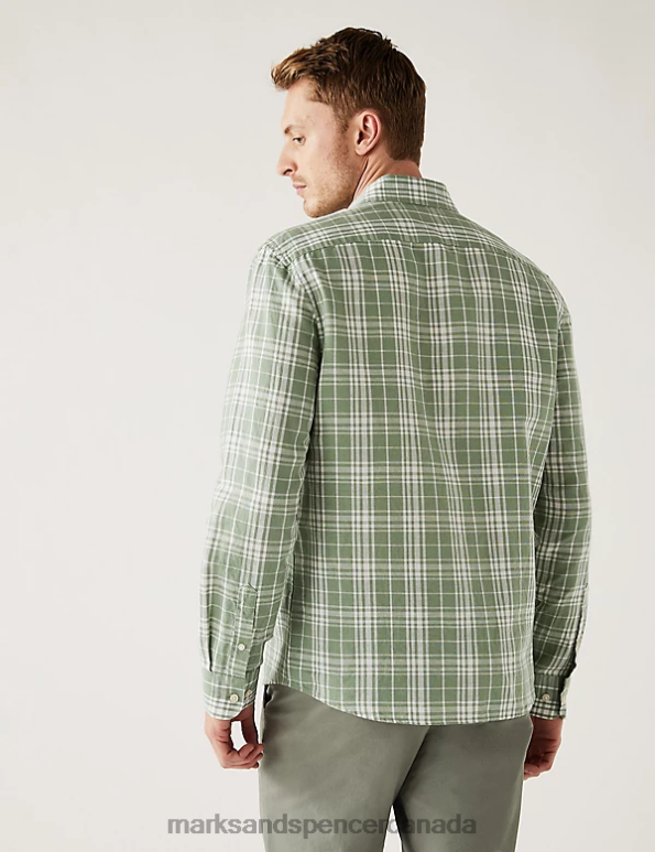 Men Green Mix Clothing Marks & Spencer Linen Blend Check Shirt 20VTD5320 - Marks and Spencer outlet