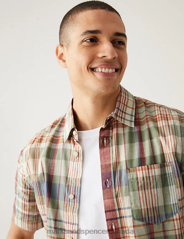 Marks and Spencer sale - Men Green Mix Clothing Marks & Spencer Pure Cotton Check Cuban Collar Shirt 20VTD6314