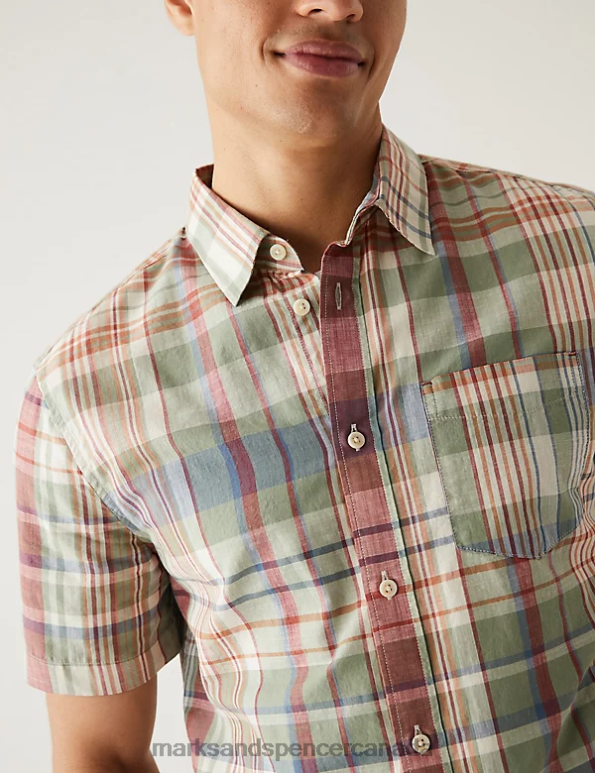 Marks and Spencer sale - Men Green Mix Clothing Marks & Spencer Pure Cotton Check Cuban Collar Shirt 20VTD6314