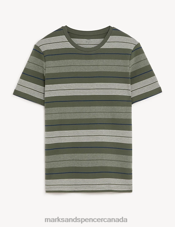 Marks and Spencer Canada - Men Green Mix Clothing Marks & Spencer Pure Cotton Double Knit Striped T-Shirt 20VTD5604