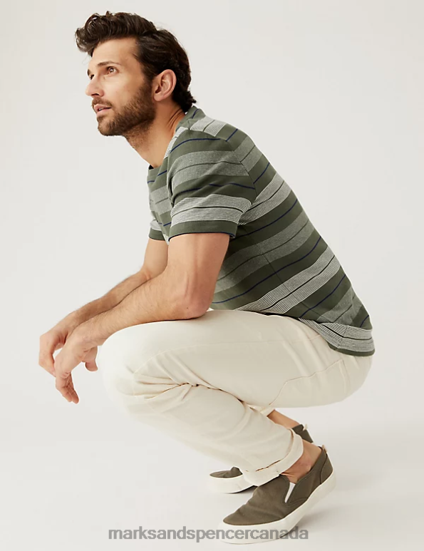Marks and Spencer Canada - Men Green Mix Clothing Marks & Spencer Pure Cotton Double Knit Striped T-Shirt 20VTD5604