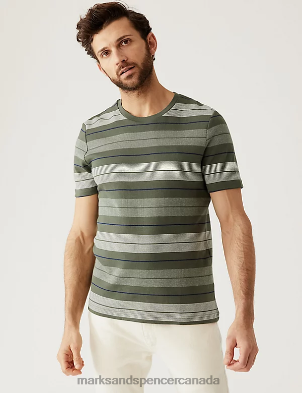 Marks and Spencer Canada - Men Green Mix Clothing Marks & Spencer Pure Cotton Double Knit Striped T-Shirt 20VTD5604