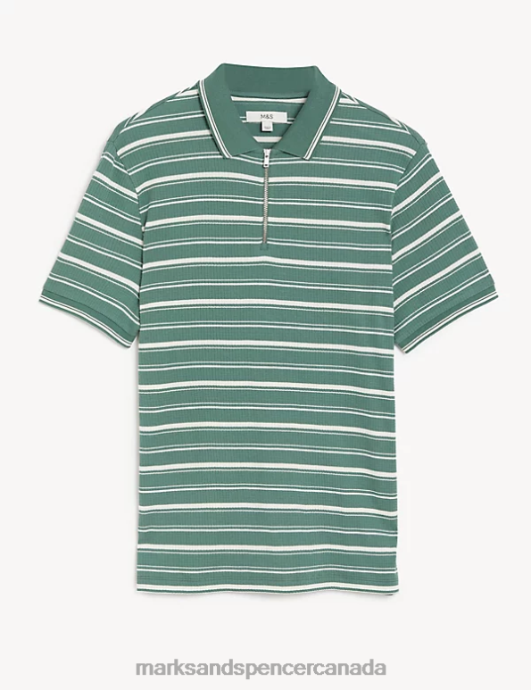 Men Green Mix Clothing Marks & Spencer Pure Cotton Striped Half Zip Polo Shirt 20VTD5971 - Marks and Spencer online