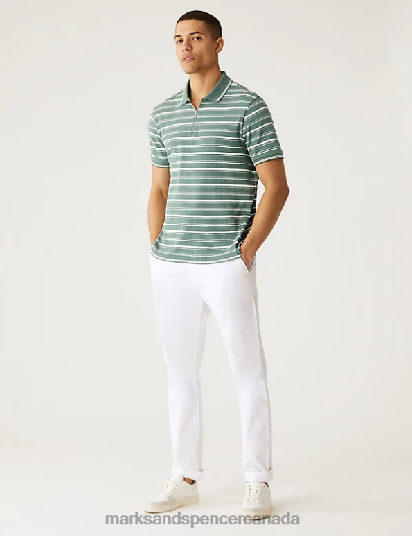 Men Green Mix Clothing Marks & Spencer Pure Cotton Striped Half Zip Polo Shirt 20VTD5971 - Marks and Spencer online