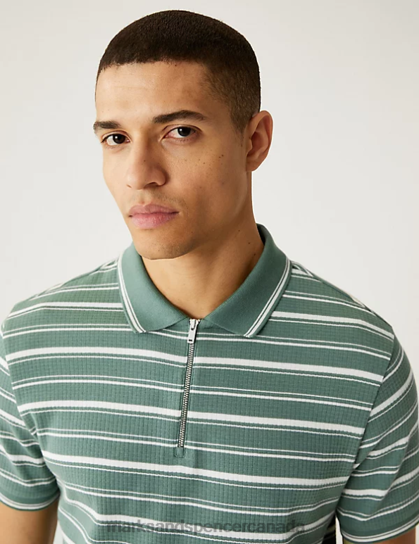 Men Green Mix Clothing Marks & Spencer Pure Cotton Striped Half Zip Polo Shirt 20VTD5971 - Marks and Spencer online