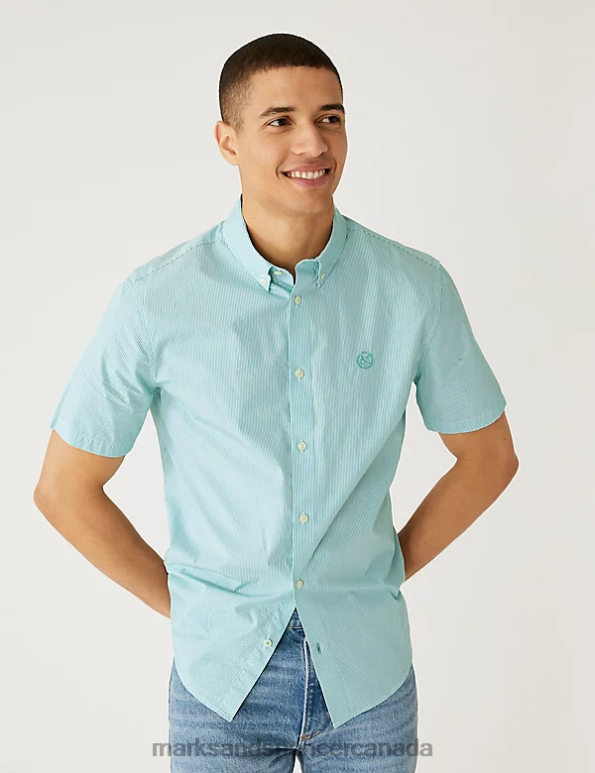 Marks and Spencer Canada - Men Green Mix Clothing Marks & Spencer Pure Cotton Striped Shirt 20VTD6007
