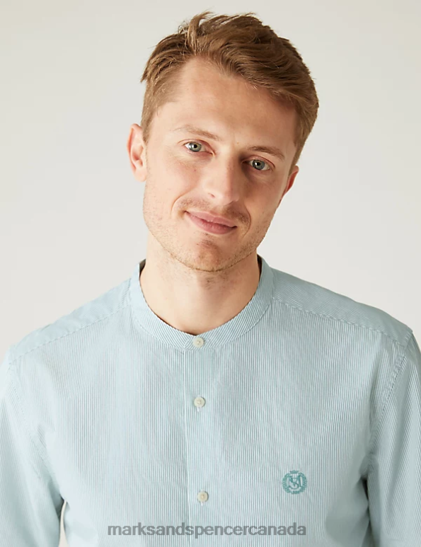 Men Green Mix Clothing Marks & Spencer Pure Supima Cotton Grandad Collar Shirt 20VTD5668 - Marks and Spencer online