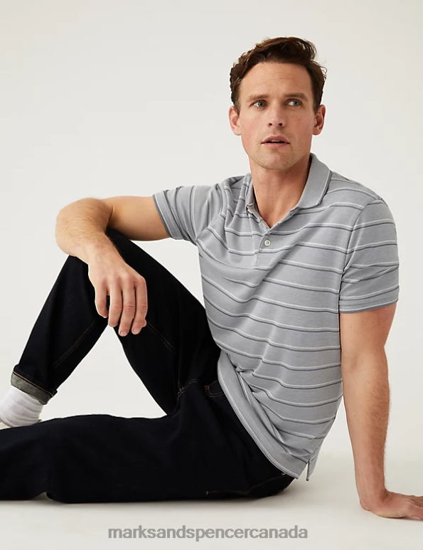 Marks and Spencer sale - Men Grey Clothing Marks & Spencer Modal Rich Striped Polo Shirt 20VTD5542