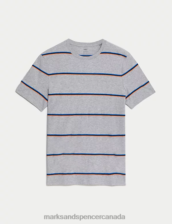 Men Grey Clothing Marks & Spencer Pure Cotton Textured Striped T-Shirt 20VTD5764 - Marks and Spencer outlet