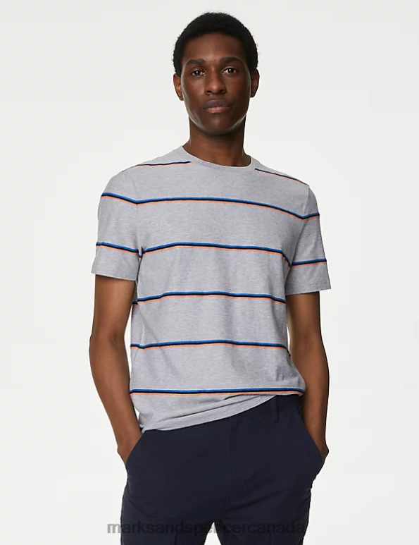 Men Grey Clothing Marks & Spencer Pure Cotton Textured Striped T-Shirt 20VTD5764 - Marks and Spencer outlet