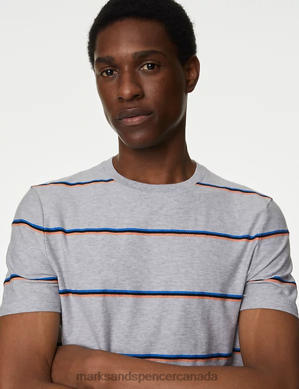 Men Grey Clothing Marks & Spencer Pure Cotton Textured Striped T-Shirt 20VTD5764 - Marks and Spencer outlet