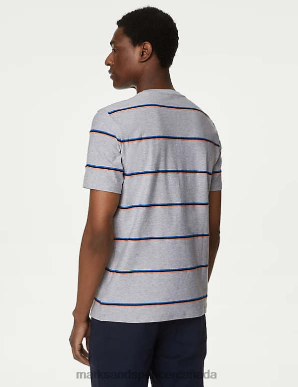 Men Grey Clothing Marks & Spencer Pure Cotton Textured Striped T-Shirt 20VTD5764 - Marks and Spencer outlet