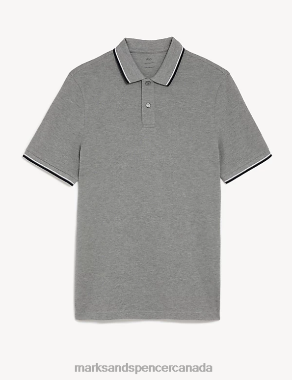 Marks and Spencer Canada - Men Grey Marl Clothing Marks & Spencer Pure Cotton Pique Tipped Polo Shirt 20VTD5058