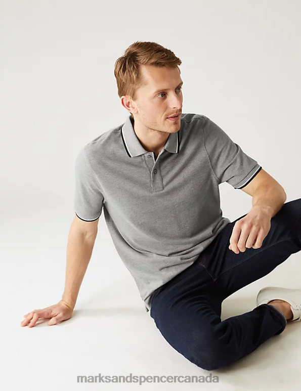 Marks and Spencer Canada - Men Grey Marl Clothing Marks & Spencer Pure Cotton Pique Tipped Polo Shirt 20VTD5058