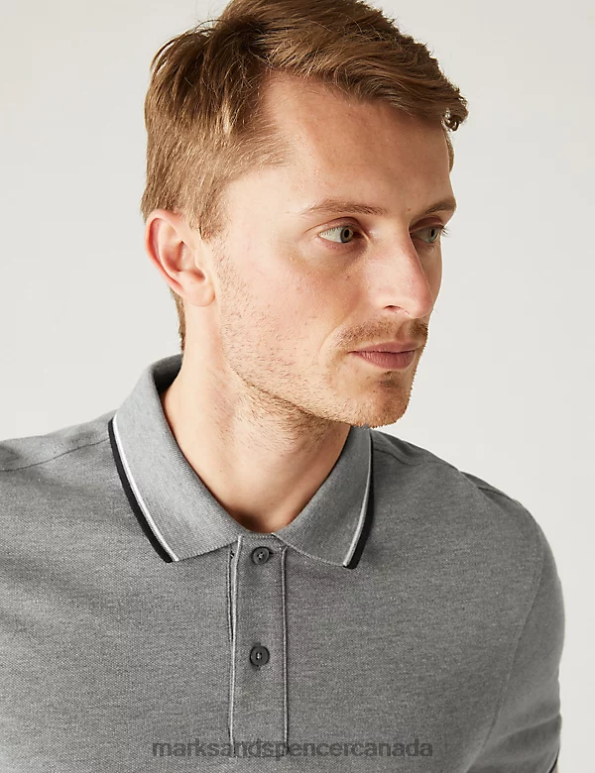 Marks and Spencer Canada - Men Grey Marl Clothing Marks & Spencer Pure Cotton Pique Tipped Polo Shirt 20VTD5058