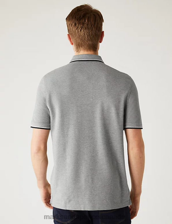 Marks and Spencer Canada - Men Grey Marl Clothing Marks & Spencer Pure Cotton Pique Tipped Polo Shirt 20VTD5058