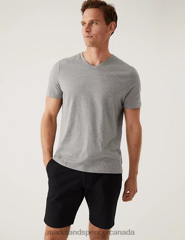 Men Grey Marl Clothing Marks & Spencer Pure Cotton V-Neck T-Shirt 20VTD4875 - Marks and Spencer outlet