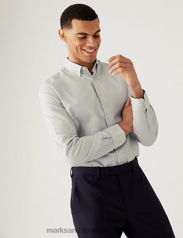 Men Grey Marl Clothing Marks & Spencer Regular Fit Stretch Textured Shirt 20VTD5694 - Marks and Spencer outlet