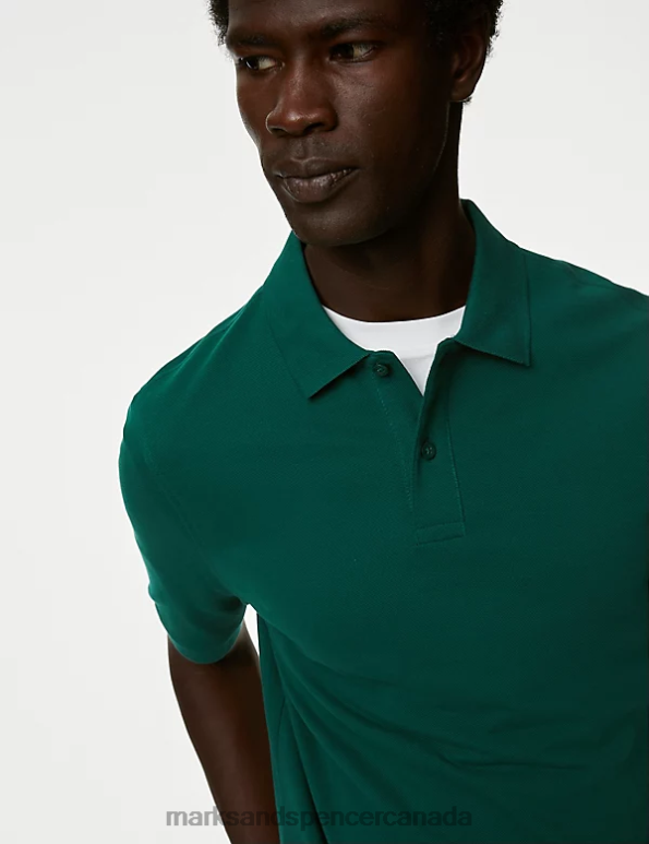 Men Hunter Green Clothing Marks & Spencer Pure Cotton Pique Polo Shirt 20VTD214 - Marks and Spencer outlet