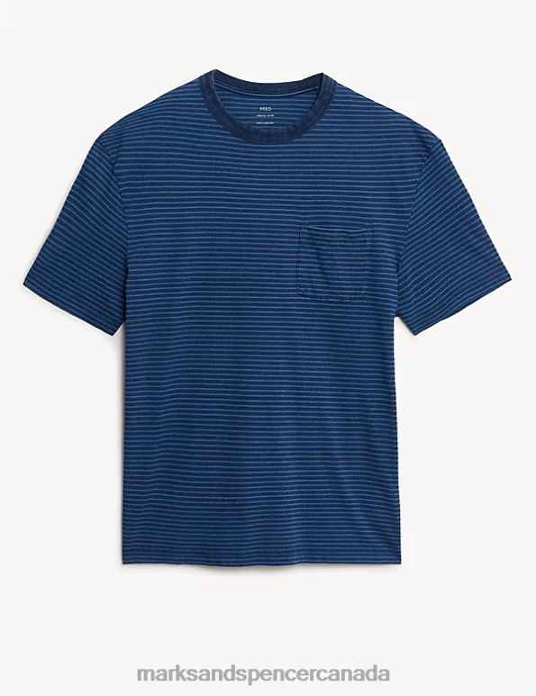 Marks and Spencer Canada - Men Indigo Mix Clothing Marks & Spencer Pure Cotton Striped T-Shirt 20VTD5474