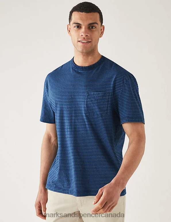 Marks and Spencer Canada - Men Indigo Mix Clothing Marks & Spencer Pure Cotton Striped T-Shirt 20VTD5474