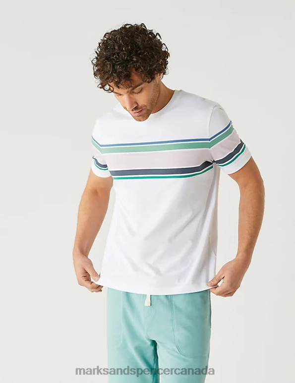 Men Ivory Clothing Marks & Spencer Pure Cotton Striped Crew Neck T-Shirt 20VTD5489 - Marks and Spencer Canada locations