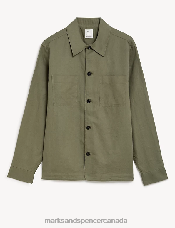 Men Khaki Clothing Marks & Spencer Easy Iron Linen Blend Overshirt 20VTD5724 - Marks and Spencer outlet