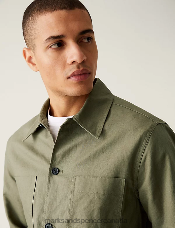 Men Khaki Clothing Marks & Spencer Easy Iron Linen Blend Overshirt 20VTD5724 - Marks and Spencer outlet