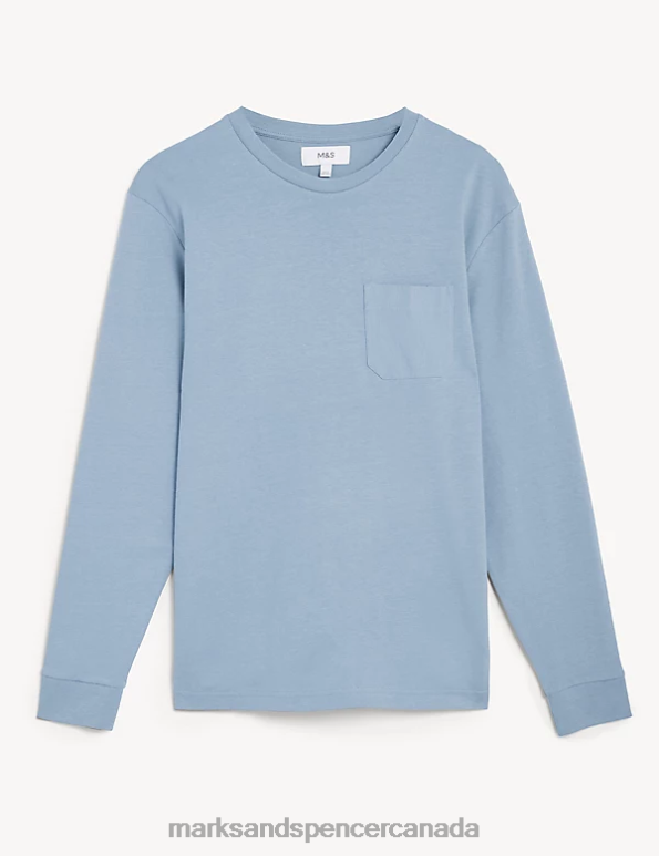 Men Light Airforce Clothing Marks & Spencer Pure Cotton Long Sleeve T-Shirt 20VTD7103 - Marks and Spencer outlet