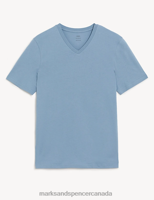 Men Light Airforce Clothing Marks & Spencer Pure Cotton V-Neck T-Shirt 20VTD5208 - Marks and Spencer Canada locations