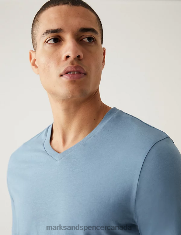 Men Light Airforce Clothing Marks & Spencer Pure Cotton V-Neck T-Shirt 20VTD5208 - Marks and Spencer Canada locations