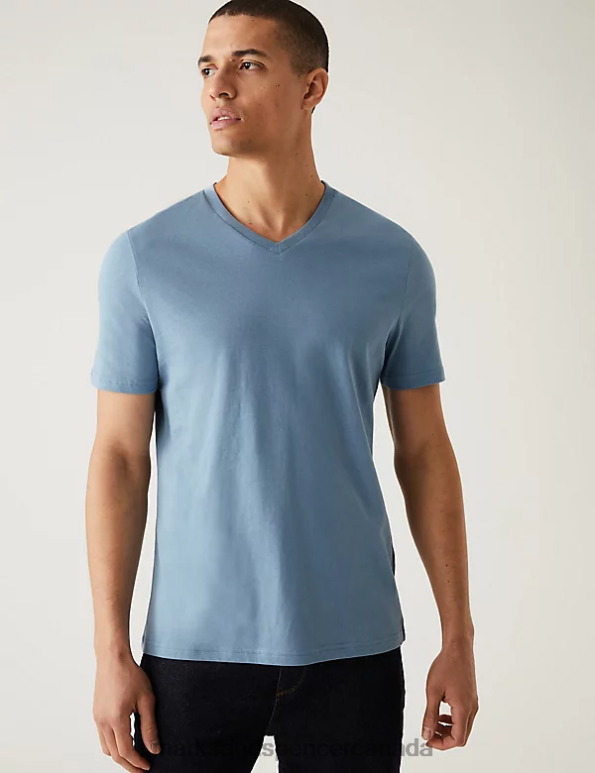 Men Light Airforce Clothing Marks & Spencer Pure Cotton V-Neck T-Shirt 20VTD5208 - Marks and Spencer Canada locations