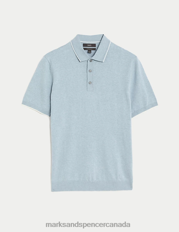 Men Light Blue Clothing Marks & Spencer Cotton Rich Short Sleeve Knitted Polo Shirt 20VTD6684 - Marks and Spencer outlet
