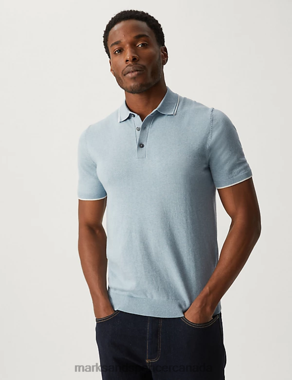 Men Light Blue Clothing Marks & Spencer Cotton Rich Short Sleeve Knitted Polo Shirt 20VTD6684 - Marks and Spencer outlet