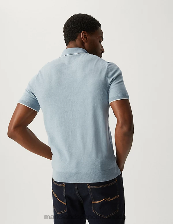 Men Light Blue Clothing Marks & Spencer Cotton Rich Short Sleeve Knitted Polo Shirt 20VTD6684 - Marks and Spencer outlet