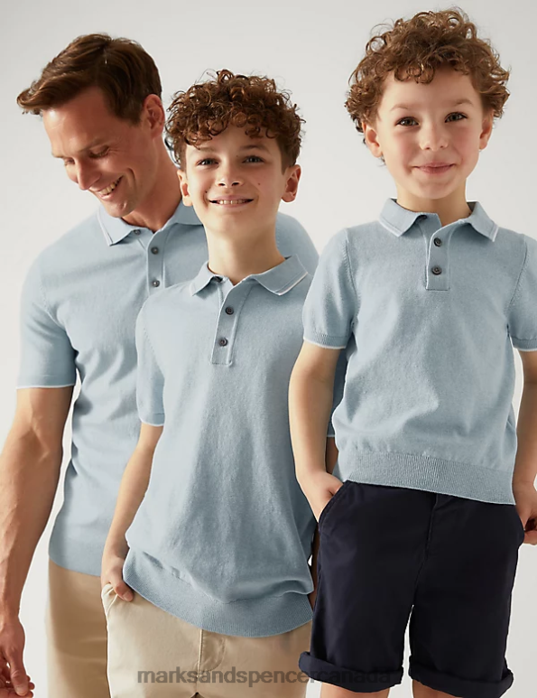 Men Light Blue Clothing Marks & Spencer Cotton Rich Short Sleeve Knitted Polo Shirt 20VTD6684 - Marks and Spencer outlet