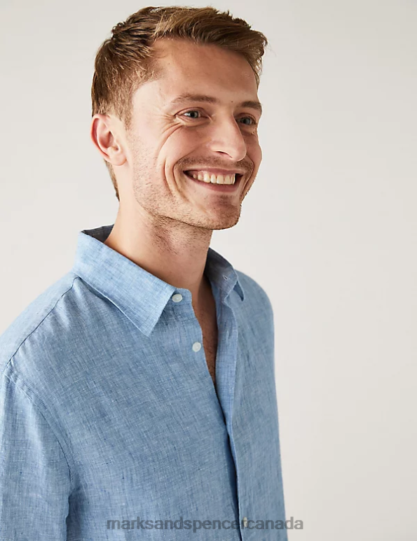 Marks and Spencer near me - Men Light Blue Clothing Marks & Spencer Longer Length Pure Linen Shirt 20VTD5353