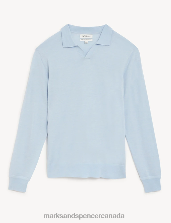 Men Light Blue Clothing Marks & Spencer Pure Extra Fine Merino Wool Knitted Polo Shirt 20VTD7050 - Marks and Spencer outlet