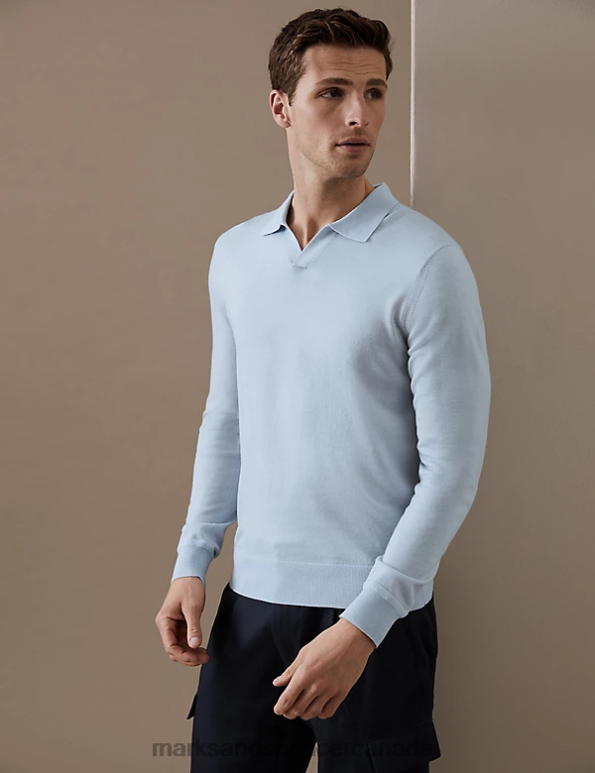 Men Light Blue Clothing Marks & Spencer Pure Extra Fine Merino Wool Knitted Polo Shirt 20VTD7050 - Marks and Spencer outlet
