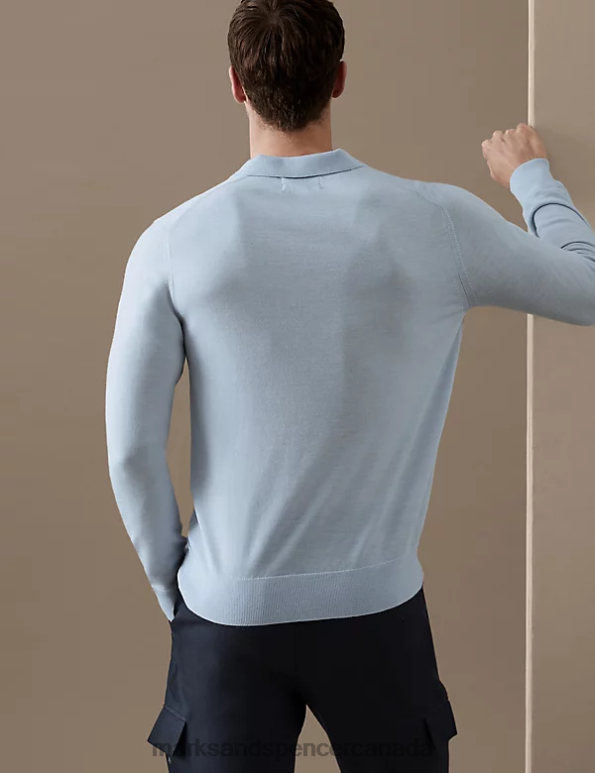 Men Light Blue Clothing Marks & Spencer Pure Extra Fine Merino Wool Knitted Polo Shirt 20VTD7050 - Marks and Spencer outlet